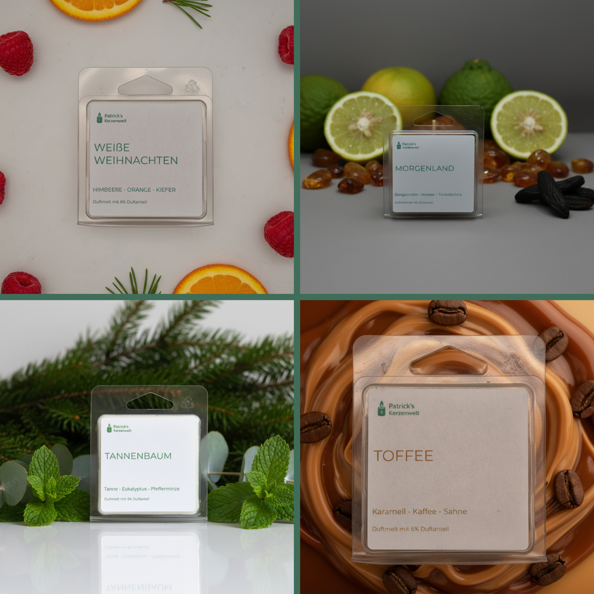 Quadratische, verkaufsstarke Produktcollage mit vier Duftwachs-Packungen von Patrick’s Kerzenwelt in einem 2x2-Raster: „Morgenland“ mit getrockneten Orangenscheiben und Gewürzen, „Tannenbaum“ mit Tannenzweigen und Eukalyptus, „Toffee“ mit Karamellstücken, Sahne und Kaffeebohnen sowie „Weiße Weihnachten“ mit Himbeeren, Orangenscheiben und Kiefernnadeln – hell ausgeleuchtet auf neutralem Hintergrund, hochwertig und einladend inszeniert.