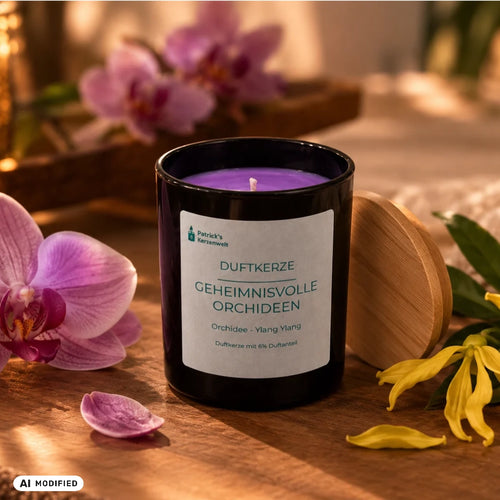 Sojawachs Duftkerzen Geheimnisvolle Orchideen mit Duftnoten Orchideen und YlangYlang von Patricks Kerzenwelt im schwarzen Glas.