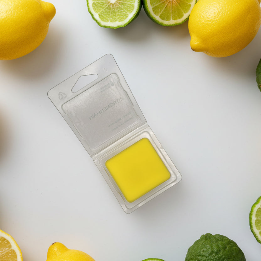 Gelbe Duftmelts „Zitronenhain“ aus Sojawachs mit frischem Zitronen- und Bergamotte-Duft in nachhaltiger rPET-Verpackung.