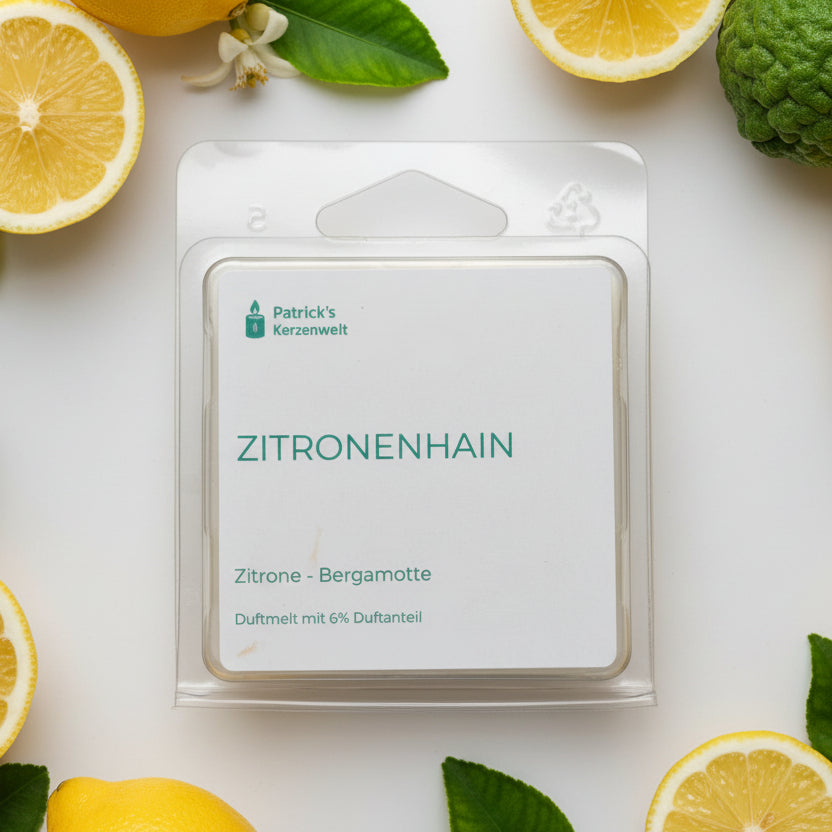 Gelbe Duftmelts „Zitronenhain“ aus Sojawachs mit frischem Zitronen- und Bergamotte-Duft in nachhaltiger rPET-Verpackung.