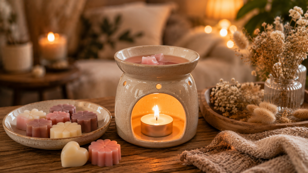Duftwachs richtig verwenden: Gemütlicher Duftwachsbrenner mit geschmolzenem Duftwachs und Teelicht auf einem Holztisch, umgeben von Duftwachs-Stücken und wohnlicher Dekoration in warmer Atmosphäre.