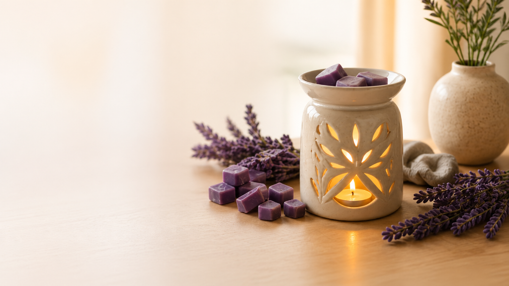 eine duftlampe mit duftwachs lila auf einem tisch daneben lavendel deko und im hintergrund eine vase mit grünen strauch