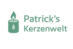 logo von patricks kerzenwelt. linke seite brennene kerze in tuerkis danben patricks kerzenwelt als text