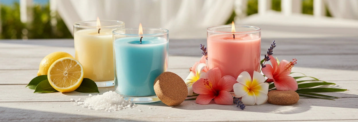 3 duftkerzen gelb blau und rot mit deko auf einer sommerterasse