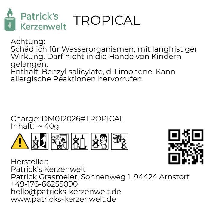 Orangefarbene Duftmelts „Tropical“ aus Sojawachs mit Mango- und Passionsfrucht-Duft in nachhaltiger rPET-Verpackung.