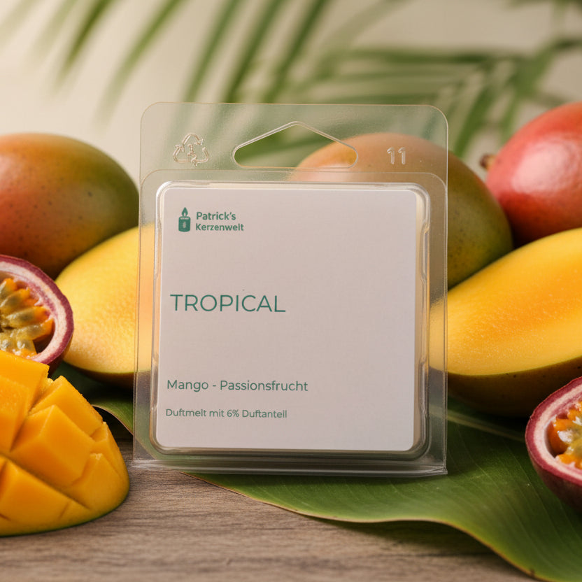 Orangefarbene Duftmelts „Tropical“ aus Sojawachs mit Mango- und Passionsfrucht-Duft in nachhaltiger rPET-Verpackung.