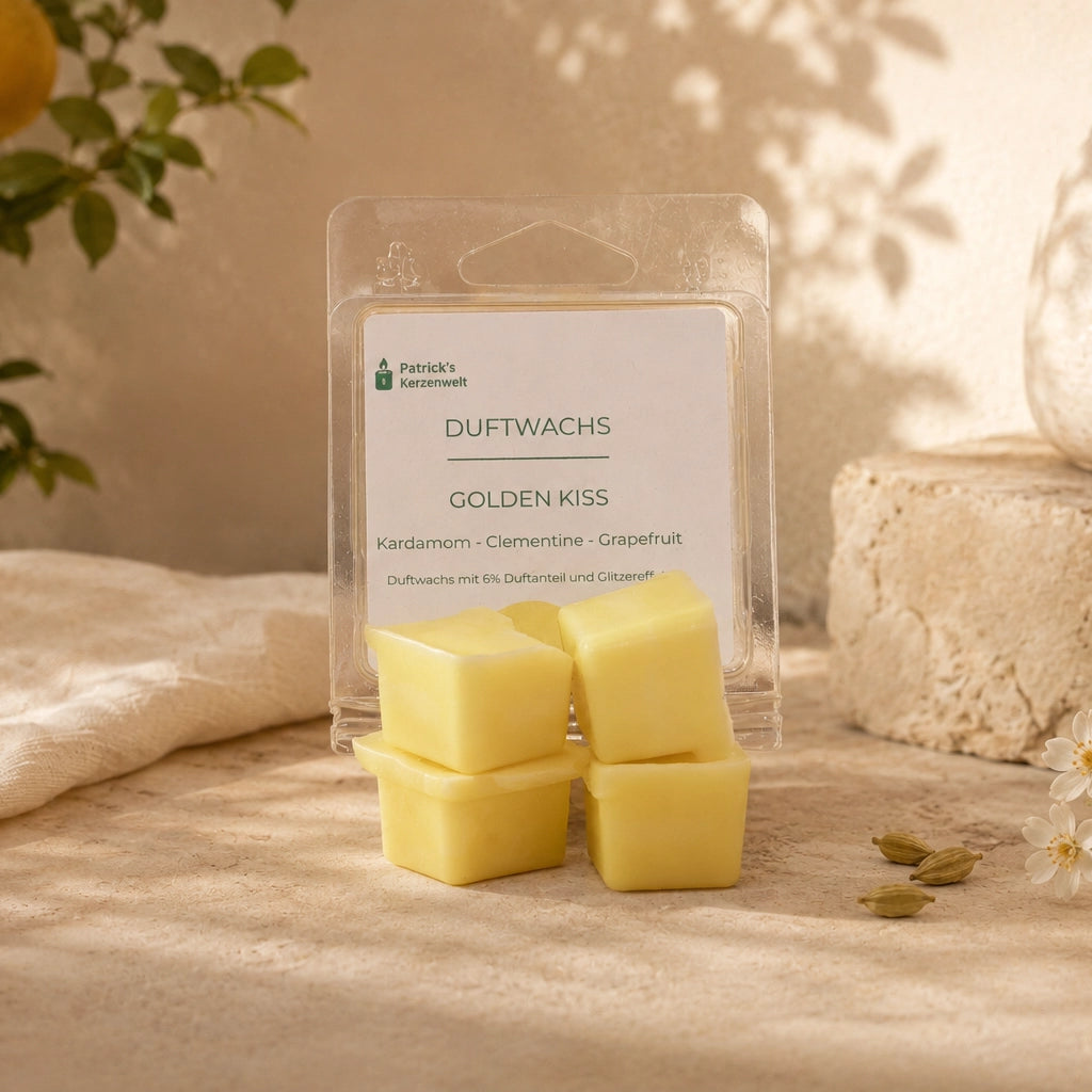 Handgemachtes Duftwachs Golden Kiss mit Kardamom, Clementine und Grapefruit in warmer Atmosphäre