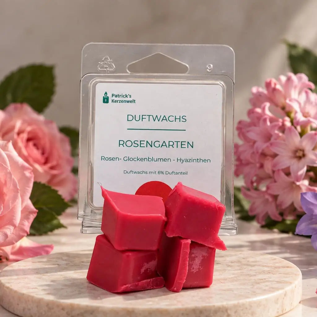Duftwachs Rosengarten mit Duft Rosen, frische Hyazinthen und feine Glockenblumen von Patricks Kerzenwelt.