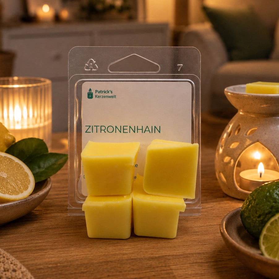 duftwachs zitrone von patricks kerzenwelt. duftwachs mit zitronen und bergamotten duft. das produkt selbs ist n einem wohnzimmer auf einem tisch platziert. danebn befindet sich zitronen deko und eine duftlampe