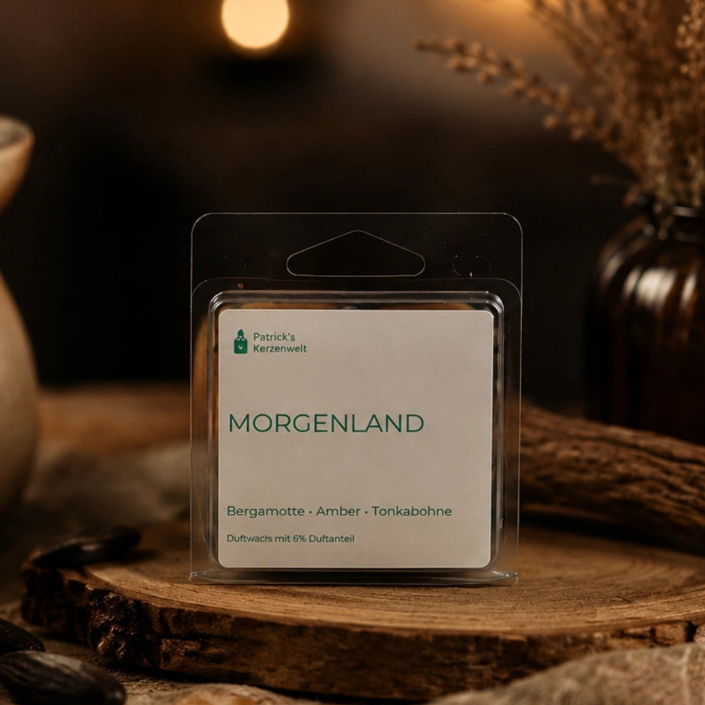 Duftwachs Morgenland Produktbild mit Bergamotte Amber und Tonkabohne im Hintergrund