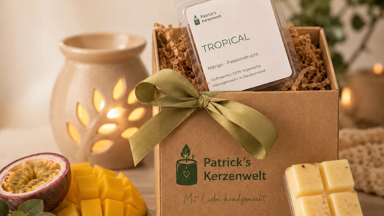 Handgemachtes Duftwachs in einer Geschenkbox als besondere Geschenkidee mit Duftlampe und tropischen Früchten
