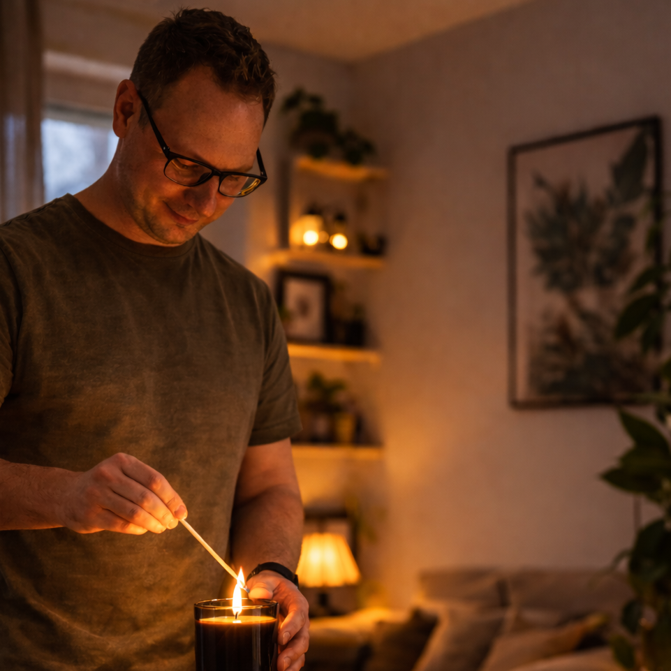 Patrick von Patricks Kerzenwelt zündet eine Duftkerze im Wohnzimmer an.