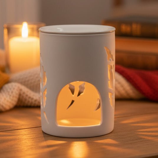 Wachsschmelzbrenner Keramik Duftlampe mit Federmuster – stilvolle Duftöllampe für Duftwachs & Wax Melts. - Patrick's Kerzenwelt