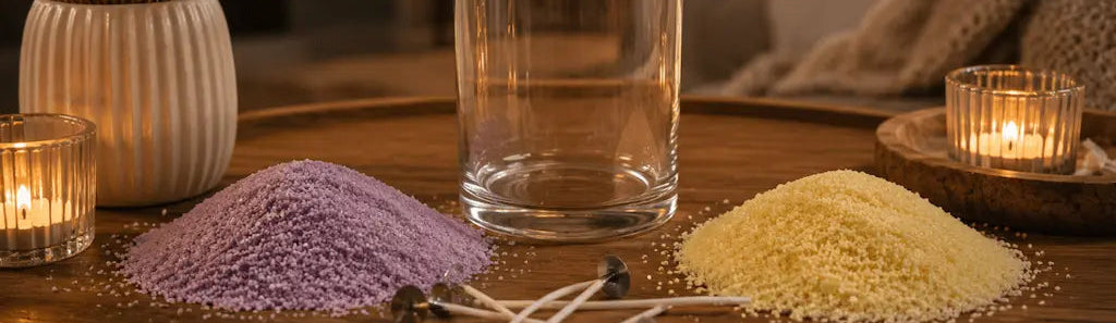 Kerzensand mit einem Glas und Docht auf einem Tisch
