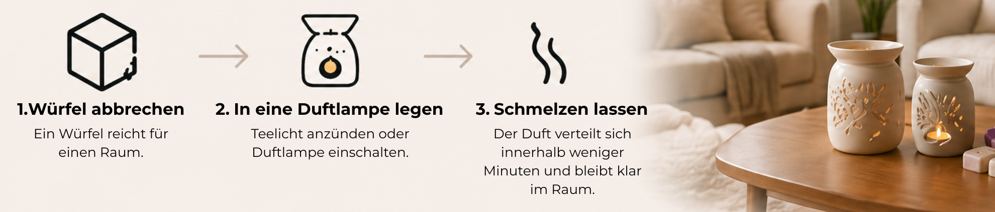 bild das erklaert wie duftwachs funktioniert. wuerfel abbrechen in eine duftlampe legen schmelzen lassen. daneben befindet sich auf einem tisch eine duftlampe in einem wohnzimmer